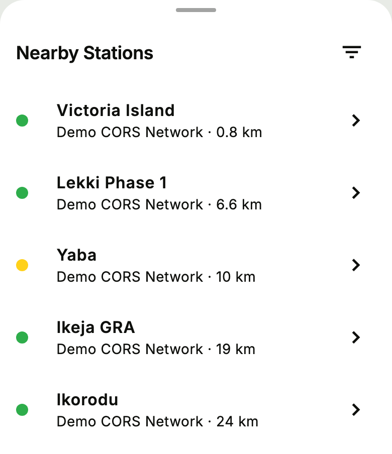 The app’s Nearby Stations list, nearest first, with status and distance