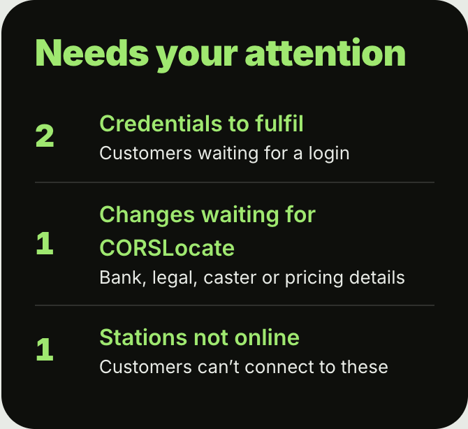 The portal’s Needs your attention card: credentials to fulfil, changes waiting, and stations not online